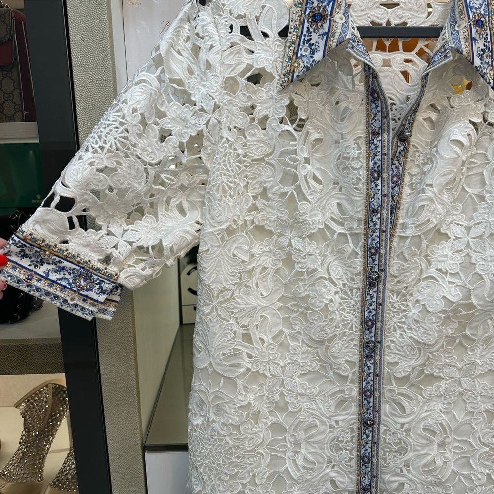 White Lace Shirt Dress with Blue Trim - Picture 3 of 10